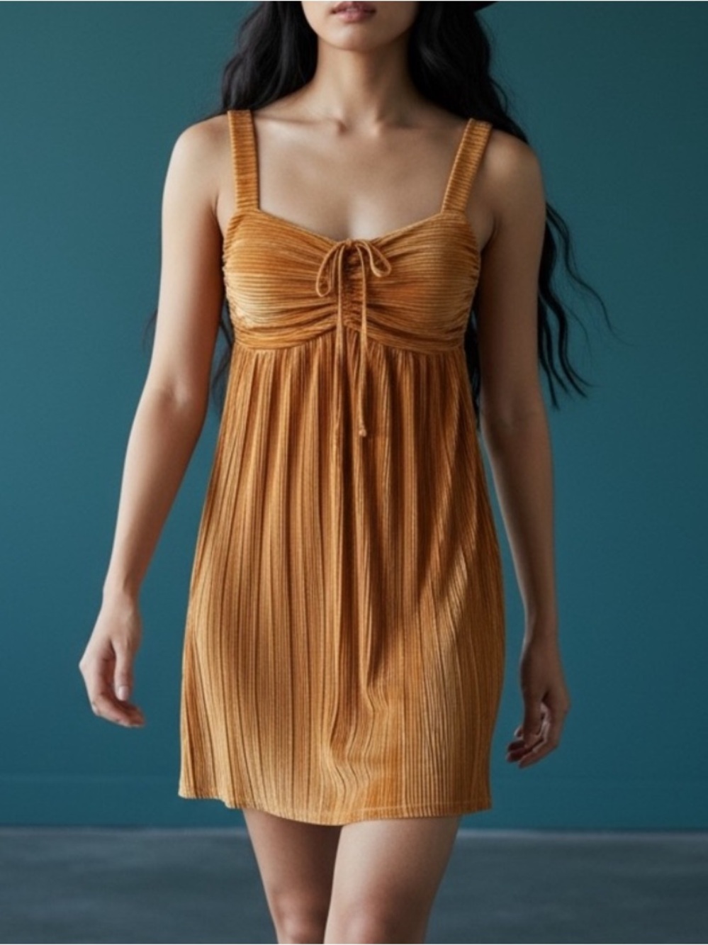 NWOT Sleeveless Pleated Mini Dress with Front Tie in Bronze